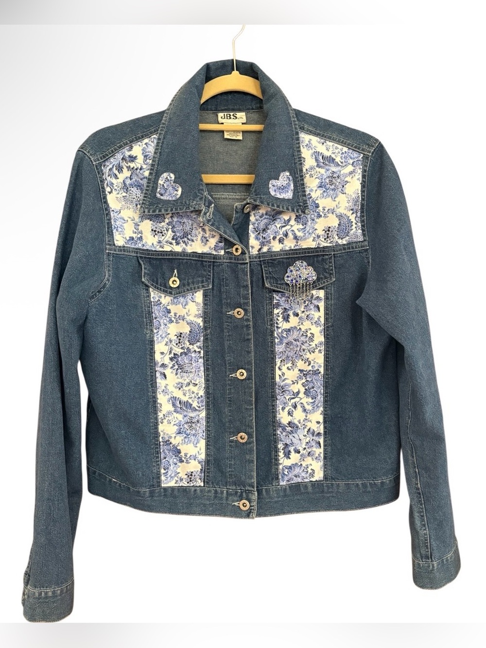 Dark Blue Denim Jacket with Blue Floral Insets